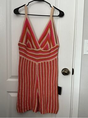 Lulu's Pink, Cream & Coral Crochet Striped One-Piece Romper